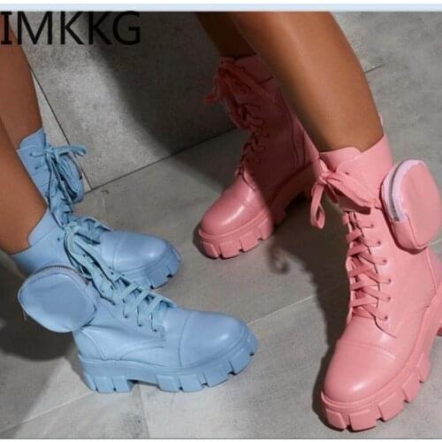 Winter Boots Woman 2020 Chunky Heels Gothic Shoes Women New Rock Platform Boots Little Bag Mixed Colors Lace Up Ankle Boots