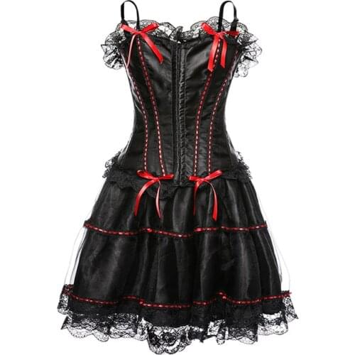 Double Shoulder Corset Sexy Women Adjustable Strap Corset Dress Suit Lace Overlay Skirt 3 Pieces Set Corset Top Lingerie Bustier