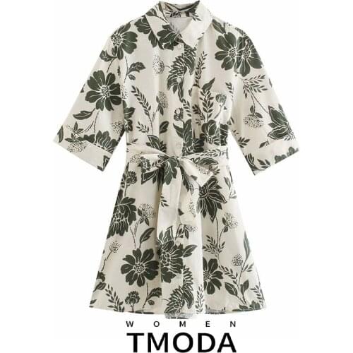 TMODA1791 Za 2021 Summer Woman Floral Print Mini Dress With Belt Ladies Short Sleeve Shirt Dress Fashion Vintage Casual Dresses