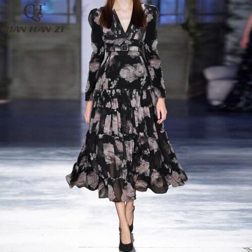 Qian Han Zi summer designer fashion runway dress Womens Puff Sleeve vintage Printed V-neck pleated belt slim midi dress