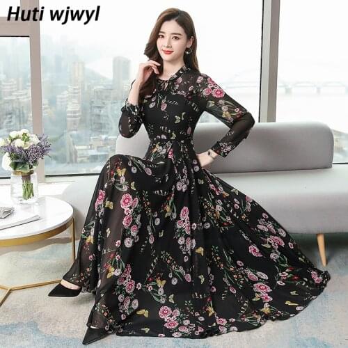 Plus Size Autumn Winter Vintage Midi Dress 2021 Floral Chiffon Boho Maxi Dresses Elegant Women Party Long Sleeve Casual Vestido