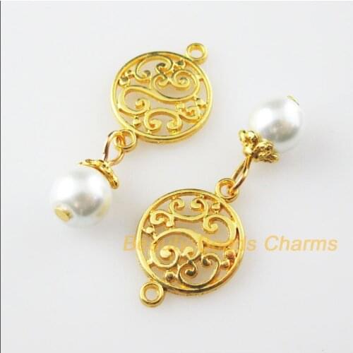 15Pcs Gold Color Round Flower White Glass Beads Charms Pendants 14x36mm