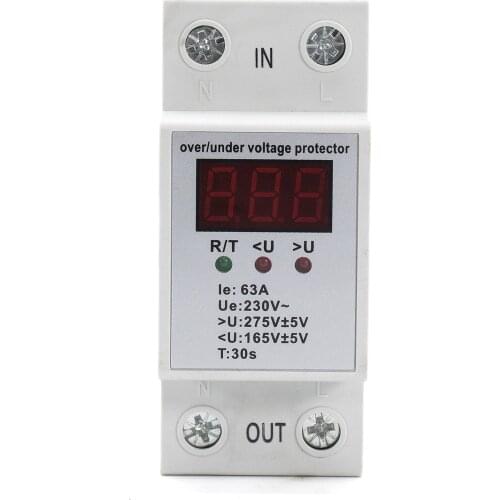 2P 63A 230V Digital Display Din rail Automatic Reconnect Over Voltage and Under Voltage Protective Device Protector Relay