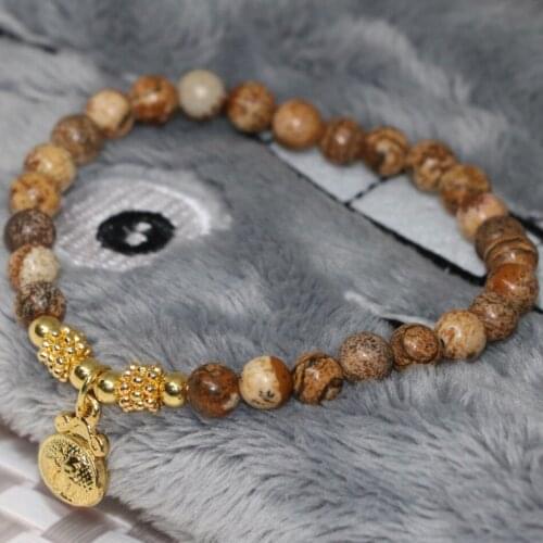 Natural Picture Multicolor Stone Strand Beaded Bracelets 6mm Round Gold-color Spacer Pendant Jewelry Making 7.5inch B1933