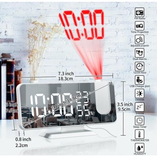 New LED Digital Alarm Clock HD Projection With Temperature/humidity Display FM Radio Time Function USB Mirror Bedside Clock