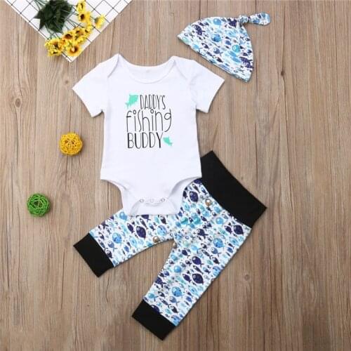 0-18M Baby Boys Clothes Set 3 pcs Letter Tops T-Shirt For Boy Blue Litter Fishes Print Long Pants Baby Cap Newborn Baby Boy Set