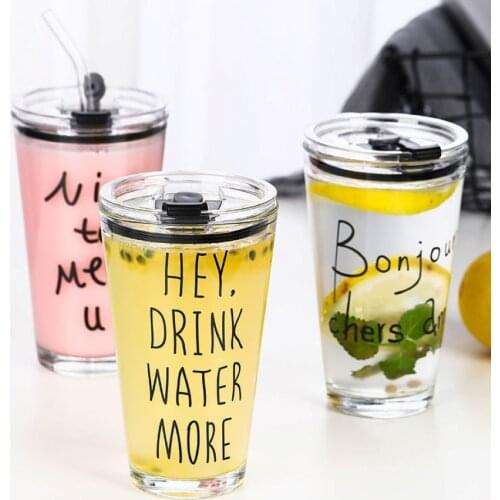 450ml Graduated Glass Scale Milk Cup Graffiti Glass Water Bottle Juice Glass with Straw Drinkware Waterfles Drinkware Gifts Set