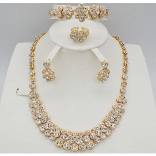 Classic Gold Color Round dubai Jewelry Set for Woman Rhinestone Chain Necklaces Dangle Earrings Bridal Wedding Party Set ring