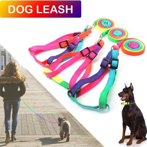 Colorful Rainbow Nylon Pet Dog Collar Adjustable Harness Leash Belt Strap Pet Chest Durable Rope Harness Lead Leash 120cm