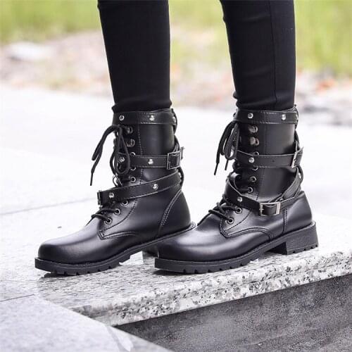 Punk Ankle Boots Women Girl Black Large Size Fleeces Riding Boots Increase PU Leather Flats Boots
