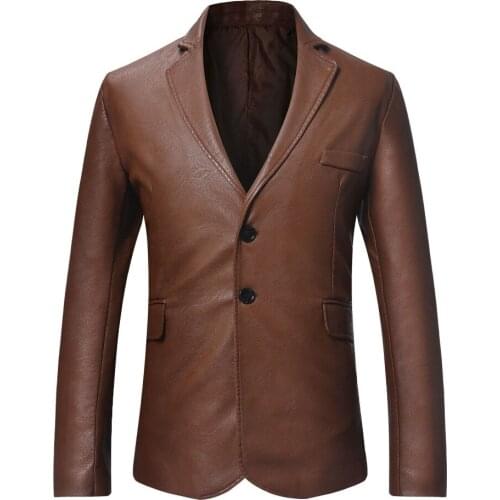 EUR Size Winter 2020 New Men Blazer Double-button Slim Fit Mens Black PU Leather Jacket Long Sleeve Casual Fashion Mens Blazer