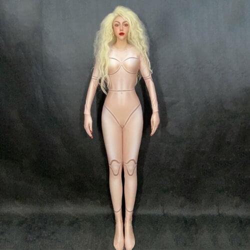 Nightclub Bar Dj Ds Women Halloween Plays Fake Doll Nude Print Long Jumpsuit Performance Costume Female Rave Outfit DT2286