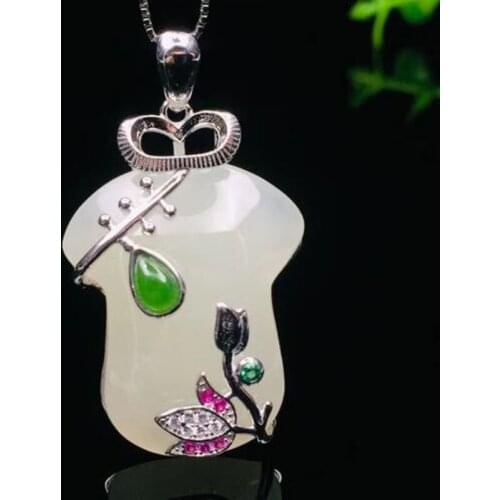 Chinese Handmade Hetian Jade Colorful Qipao shape Pendant Necklace silver 925 women jewelry