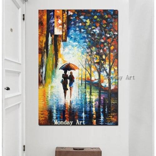 Handmade Knife Palette Abstract Landscape Oil painting Rainy evening stroll art Modern painting canvas painting for living room