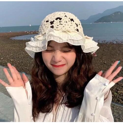 Lace Knit Handmade Cotton Thread Hat Small Fresh Lace Bucket Hats Crochet Sunshade Hat Knit Bucket Hat