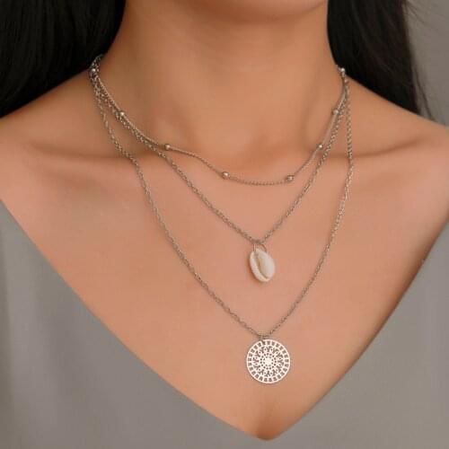 Simple White Shellwork Beads Geometry Hollow Three-Layer Silver Plated Alloy Choker Necklace for Women