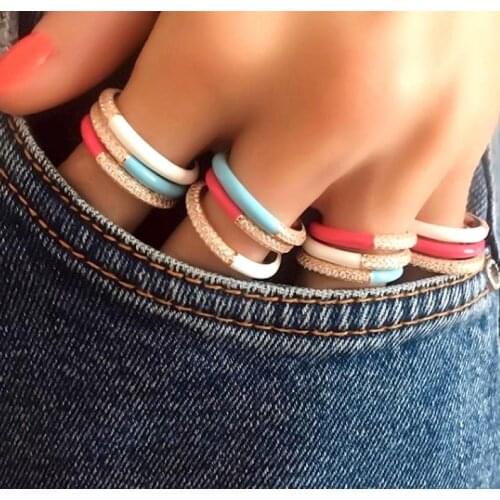 Rainbow Colorful Stacking eternity band for women Gold Color CZ Neon Enamel Finger Ring