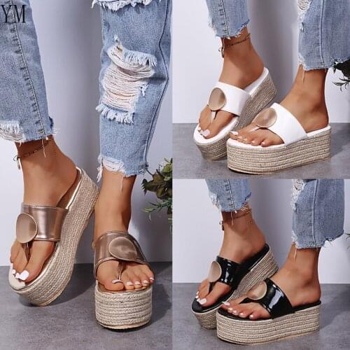 Women Sandals Solid Elegant Slippers Thick Platform Wedges Decoration Ring Toe Outdoor Flip Flops Fashion Ladies Shoes Gladiator