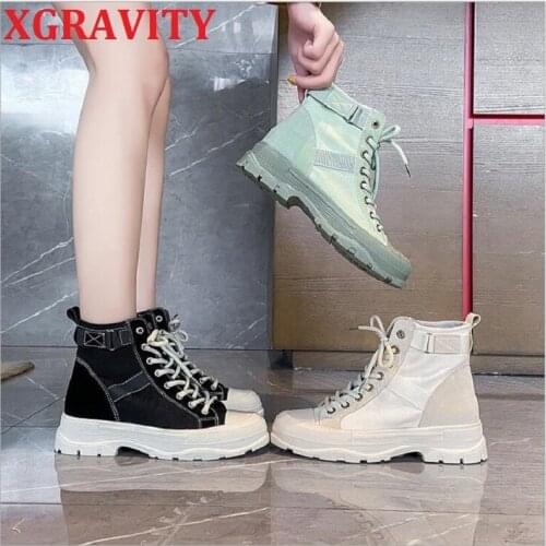 XGRAVITY Canvas Ankle Boots Chunky Heel Short Heel Shoes Elegant Lace Up Design Women Shoes Ins Hot British Martin Boots C093