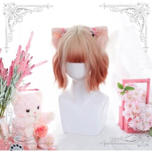Female Short Wavy Bangs Lolita Wig Golden Orange Gradual Change And Light Brown Women Slight Curly Wigs Cosplay Party