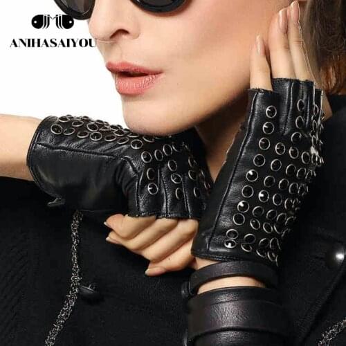 Women leather gloves fashion fingerless gloves women studded fingerless gloves punk style performance gloves - L116NN