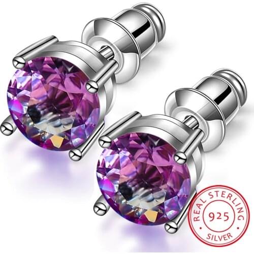 Charm Female 8mm Round Stud Earrings Cute Amethyst Tourmaline Sapphire Earrings 100% Real 925 Sterling Silver Earrings For Women