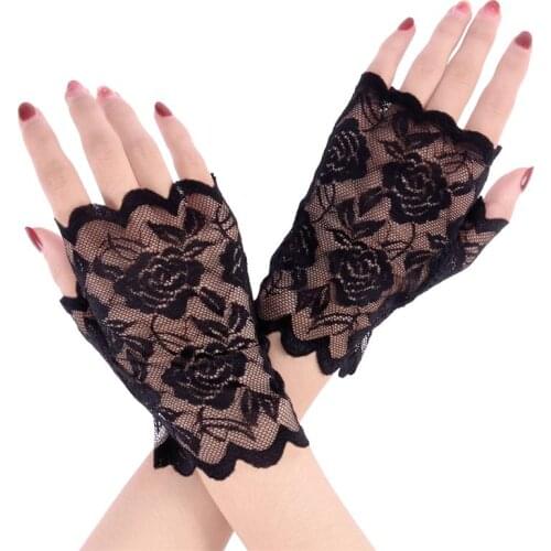 Women Half Hand Bridal Gloves Sun Block Short Glove Black Lace Wedding Gloves UV Protection Fingerless Gloves for Driving