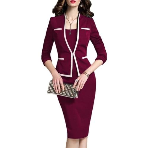 M-5XL Office Lady Stand Collar Long Sleeve Fake Two-piece Knee-length Bodycon Dress elegant business dress women Vestidos 2020