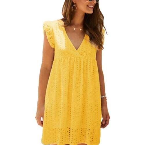 Women Summer Dress Solid Color Waist Tied Butterflies Sleeve Ladies Solid Color Lace V Neck Mini Dress