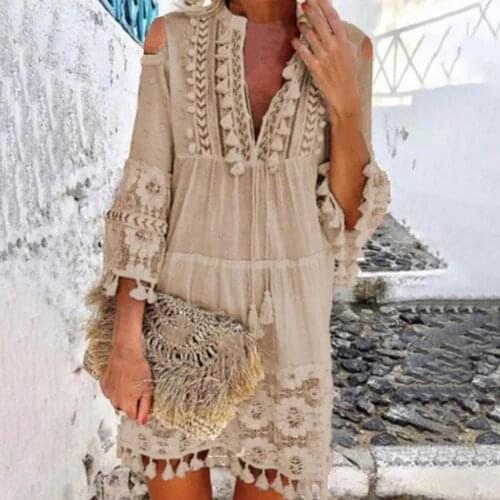 Womens Shift Dress Deep V Neck Mini Dress Solid Color Women Tassel 3/4 Sleeve Sundress Summer Hot Casual Boho Vacation Dresses