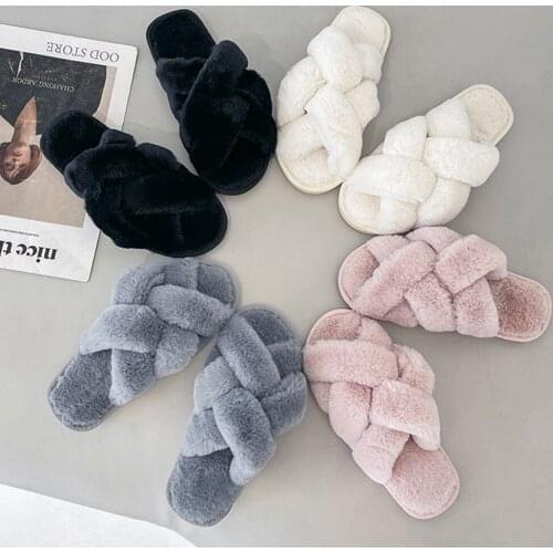 Winter New Women Fur Slippers Fashion Cross Weave Plush Upper Indoor Faux Fur Warm Plush Shoes Home Ladies Bedroom Slippers hh86