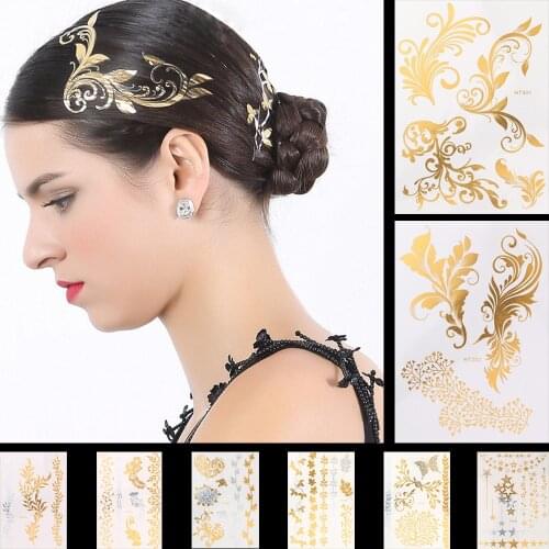 1 Sheet 8 Designs Gold Silver Flash Metallic Temporary Tattoo Sticker Sexy Product Women Hair Arm Sleeve Body Art Jewelry Decal