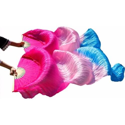 100% Real Silk Belly Dance Fans 1Pair Left+Right hand Handmade Dyed Belly Dancing Performance Fans Rose+Pink+Turquoise 180x90cm