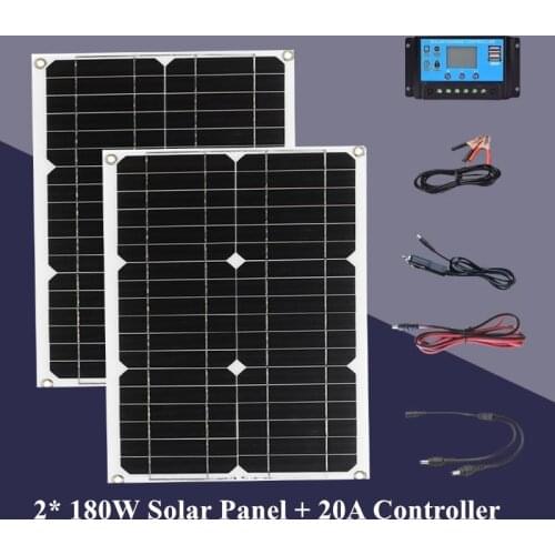 2x 180W Solar Panel with 20A Controller Dual USB Port Portable Mobile Phone Battery Charger For Car Yacht RV Lights Charging