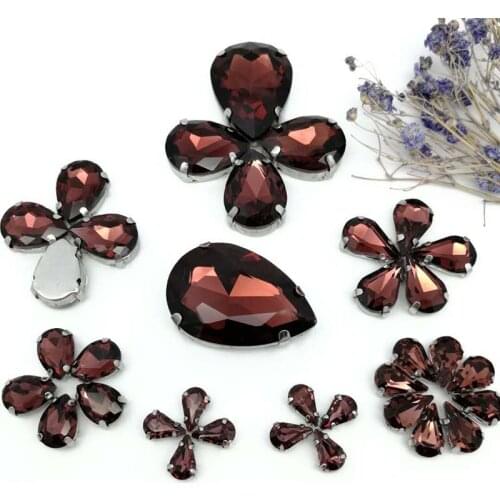 35pcs8Sizes MIX Wine red DR shape Crystal Glass Sew-on Rhinestones Silver Bottom DIY Mobile phone shell and Wedding dress