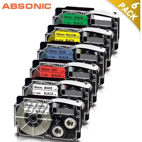 Absonic 6 Color XR-18WE XR-18RD XR-18X XR-18YW XR-18GN 18mm Label Tape Compatible for Casio Label Maker KL-120 KL-750 KL-780