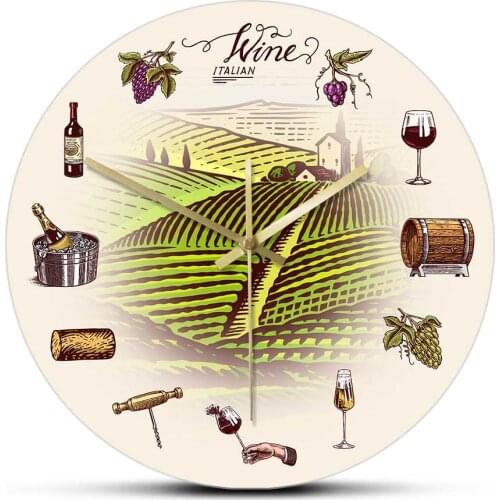Grape Wine Barrel Bottel Glass Vineyard Retro Wall Clock Hillside Winery Décor Kitchen Timepieces Wall Watch Wine Drinkers Gift