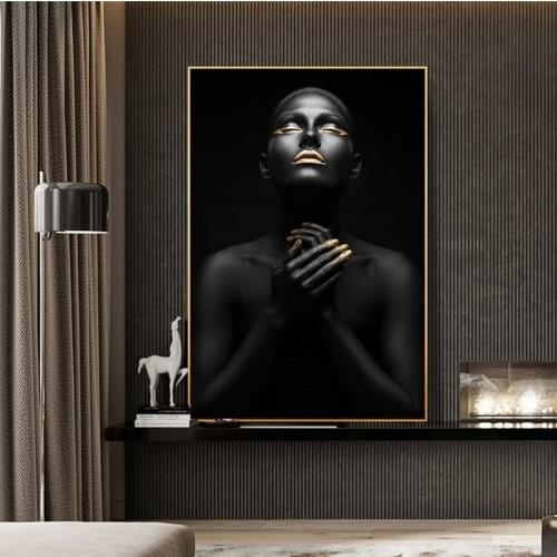 Large Size Black Gold African Nude Woman Oil Painting on Canvas Wall Art Posters and Prints Scandinavian Picture for Living Room