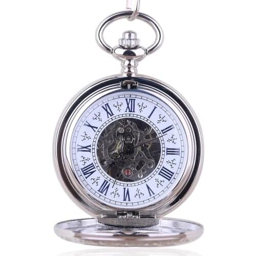 5pcs/lot Silver Pendant Mechanical Pocket Watch Double Open With Metal Chain Steampunk Watch Roman Number Unisex