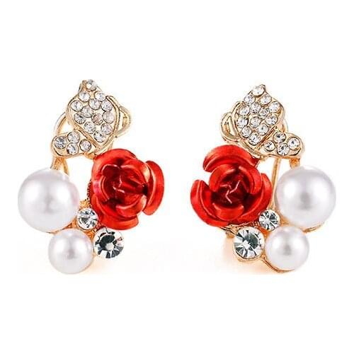 Elegant Simulated Pearl Beads Red Vivid Rose Flower Clear Shiny Crystal Exquisite Golden Stud Earrings For Women