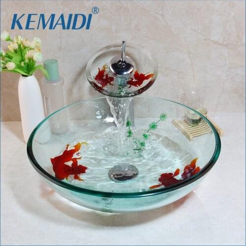 KEMAIDI Tempered Glass Hand Painted Waterfall Spout Basin Black Tap Bathroom Sink Washbasin Bath Brass Set Faucet Mixer Taps