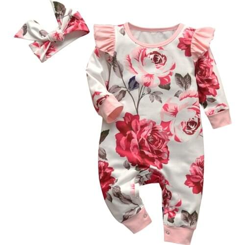 Cute Baby Girls Casual Floral Romper Infant Toddler Long Sleeve Jumpsuit and Hat Newborn Baby Clothes Spring Autumn Outfits