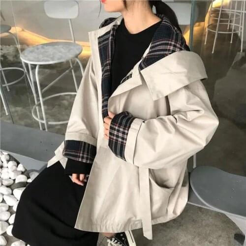 2021 Autumn Women Plaid Hooded Casual Jackets Female Japanese Harajuku Preppy Style Outerwears Lady Fashion Clothes