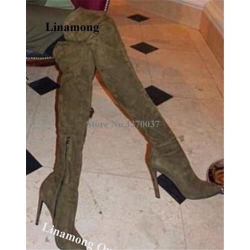 Linamong Women Elegant Pointed Toe Army Green Stiletto Heel Over Knee Boots Suede Leather Slim Long High Heel Boots Dress Shoes