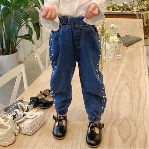 Fashion Kids Girls Korean Style Beading Denim Pants