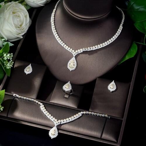 HIBRIDE Trendy Cubic Zirconia Jewelry Sets for Women 2 Tones Water Drop Shape Bridal Weeding Set Accessorios Mujer N-262
