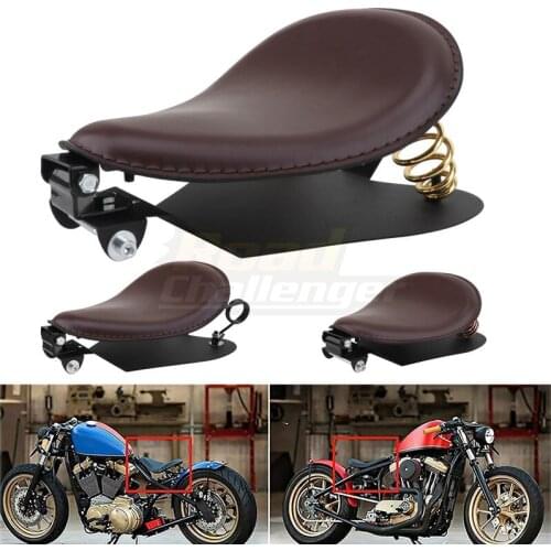 Motorcycle Brown Retro PU Leather Solo Seat Base 3" Spring Bracket For Harley Sportster 883 Bobber Chopper