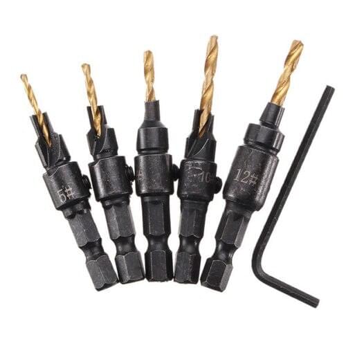 5pcs HSS 5/6/8/10/12 Countersink Chamfer Drill Bit Set Pilot Hole Woodworking