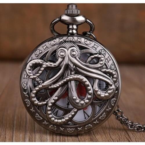 New Arrvial Unique Octopus Hollow Half Hunter Quartz Pocket Watch Steampunk Black Pocket Watch with Necklace Chain Gift for Kids