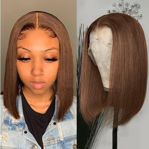 Brown Color Lace Front Human Hair Wig T Part Lace Wig Straight Short Bob 4x4 Lace Closure Wig 180% Brazilian Remy Lace Front Wig